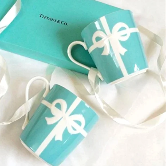 TIFFANY & CO. Bow Ribbon Bone China Blue Mug Cup 2pcs Set in Gift Box from Japan - Picture 1 of 8